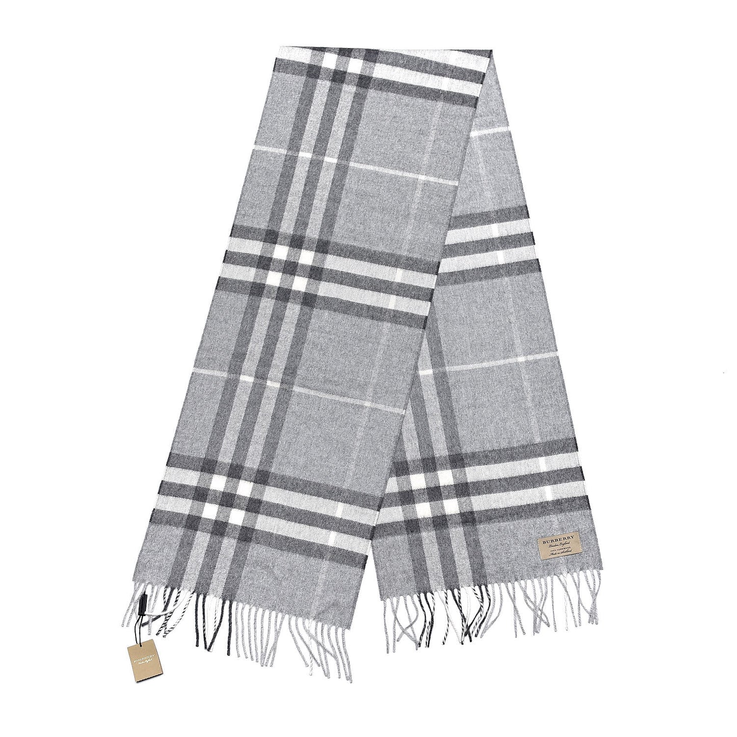 Cashmere Giant Check Fringe Scarf Pale Grey
