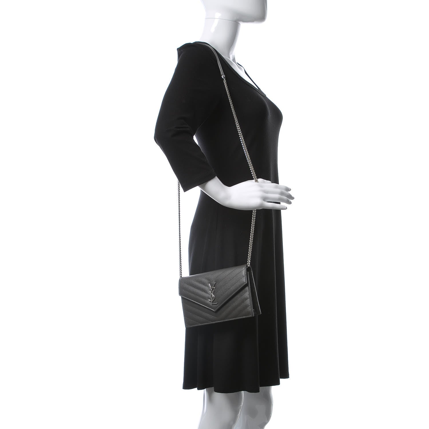 Saint Laurent Grain De Poudre Matelasse Chevron Monogram Envelope Chain Wallet Coal 2 of 11