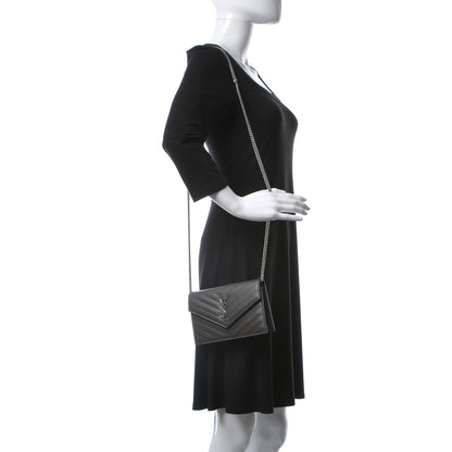 Saint Laurent Grain De Poudre Matelasse Chevron Monogram Envelope Chain Wallet Coal 2 of 11