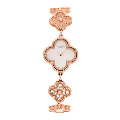 Van Cleef & Arpels 18K Rose Gold Diamond Mother of Pearl 23mm Alhambra Guilloche Quartz Watch 1 of 5