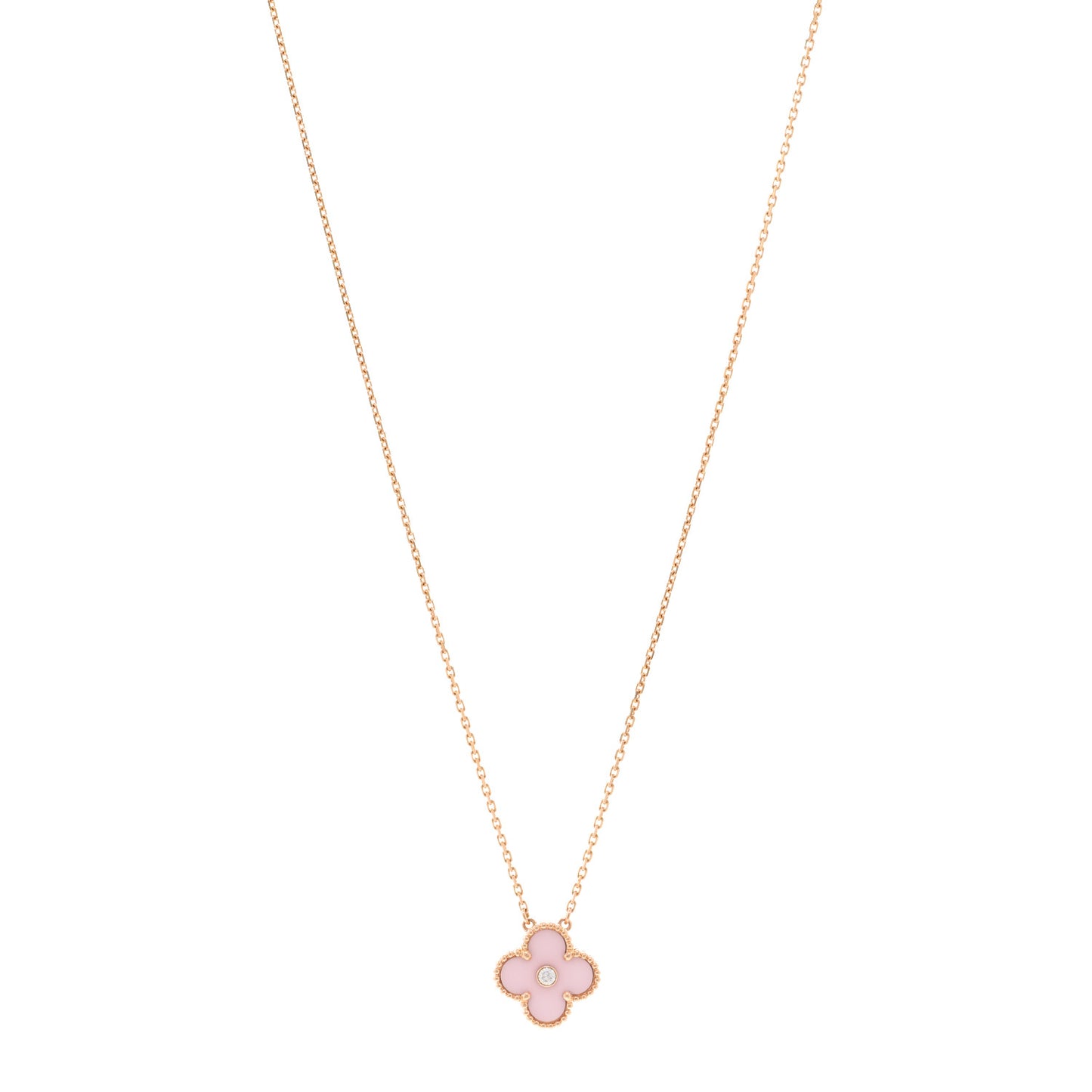 18K Rose Gold Diamond Pink Porcelain Vintage Alhambra Pendant Necklace