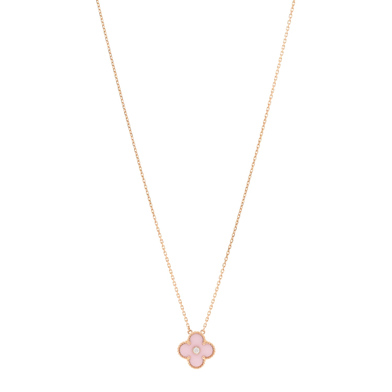 Van Cleef & Arpels 18K Rose Gold Diamond Pink Porcelain Vintage Alhambra Pendant Necklace 1 of 5