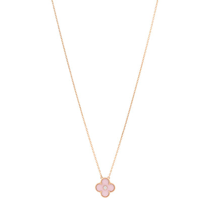 Van Cleef & Arpels 18K Rose Gold Diamond Pink Porcelain Vintage Alhambra Pendant Necklace 1 of 5