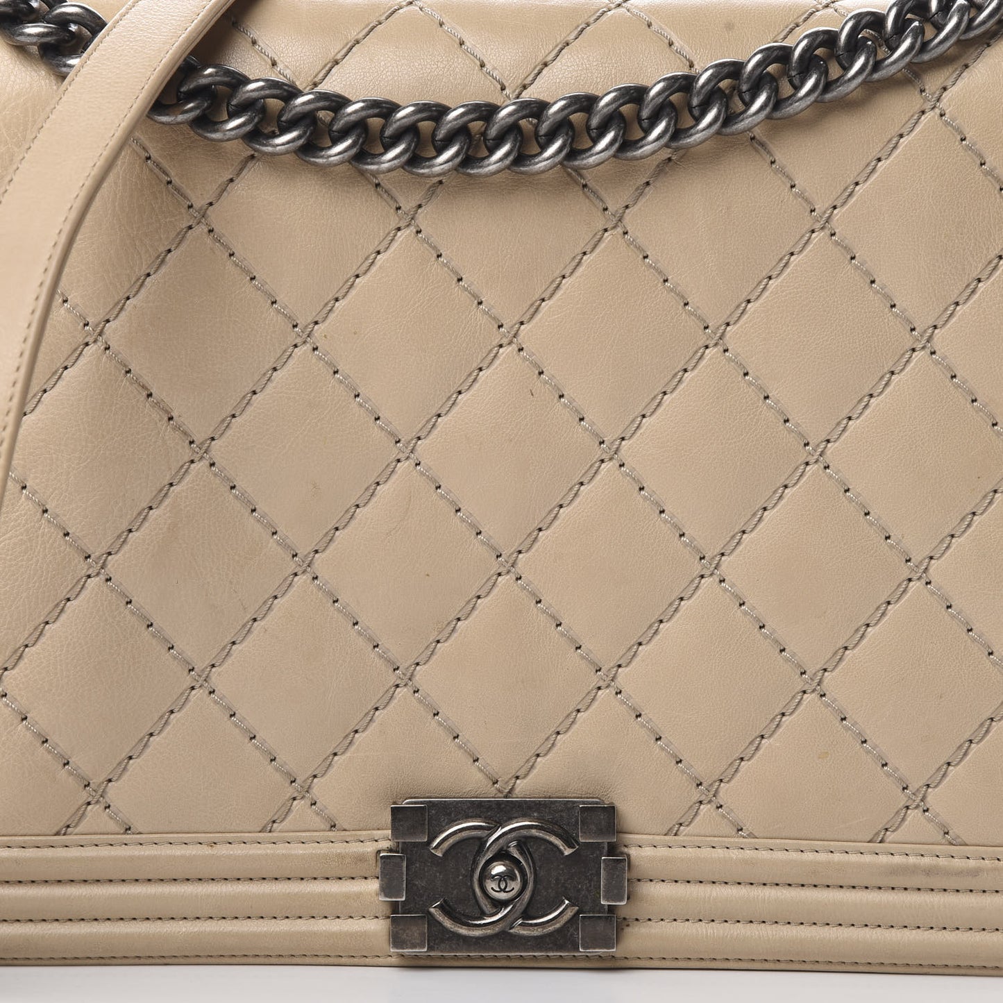 Calfskin Double Stitch Large Boy Flap Beige