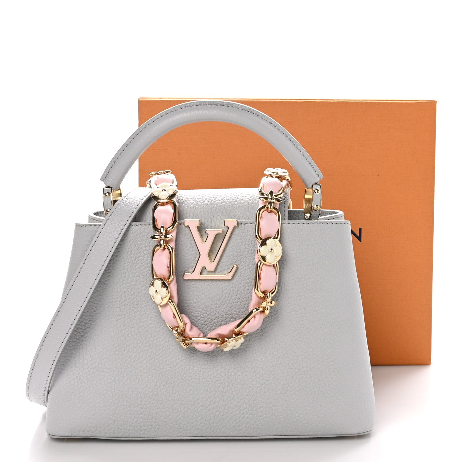 Louis Vuitton Taurillon Enamel Blossom Chain Capucines BB Ice Grey 10 of 10