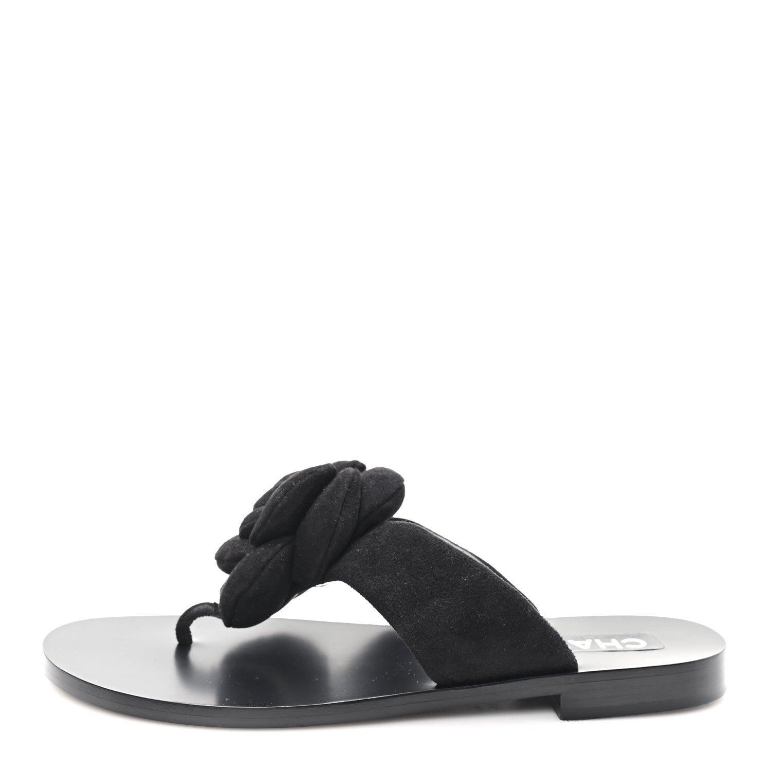 Chanel Suede Kidskin Pearl Camellia Thong Sandals 38.5 Black 1 of 10