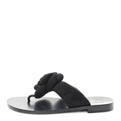 Chanel Suede Kidskin Pearl Camellia Thong Sandals 38.5 Black 1 of 10