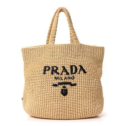 Prada Yarn Raffia Effect Crochet Embroidered Logo Tote Naturale 1 of 10