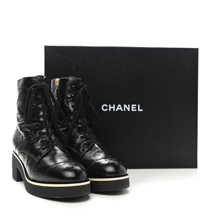 Chanel Shiny Crumpled Lambskin Lace Up Combat Boots 40 Black 8 of 9