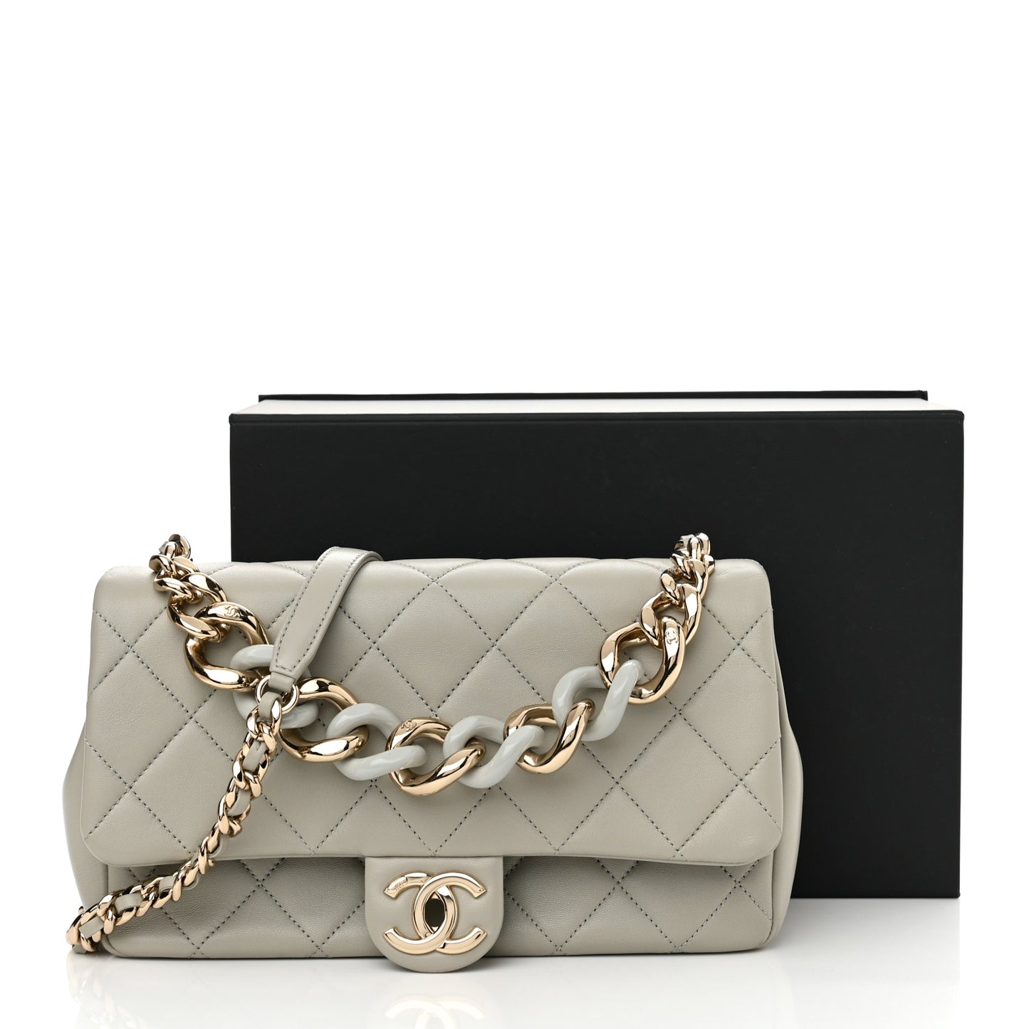 Lambskin Quilted Resin Bi-Color Chain Flap Bag Grey
