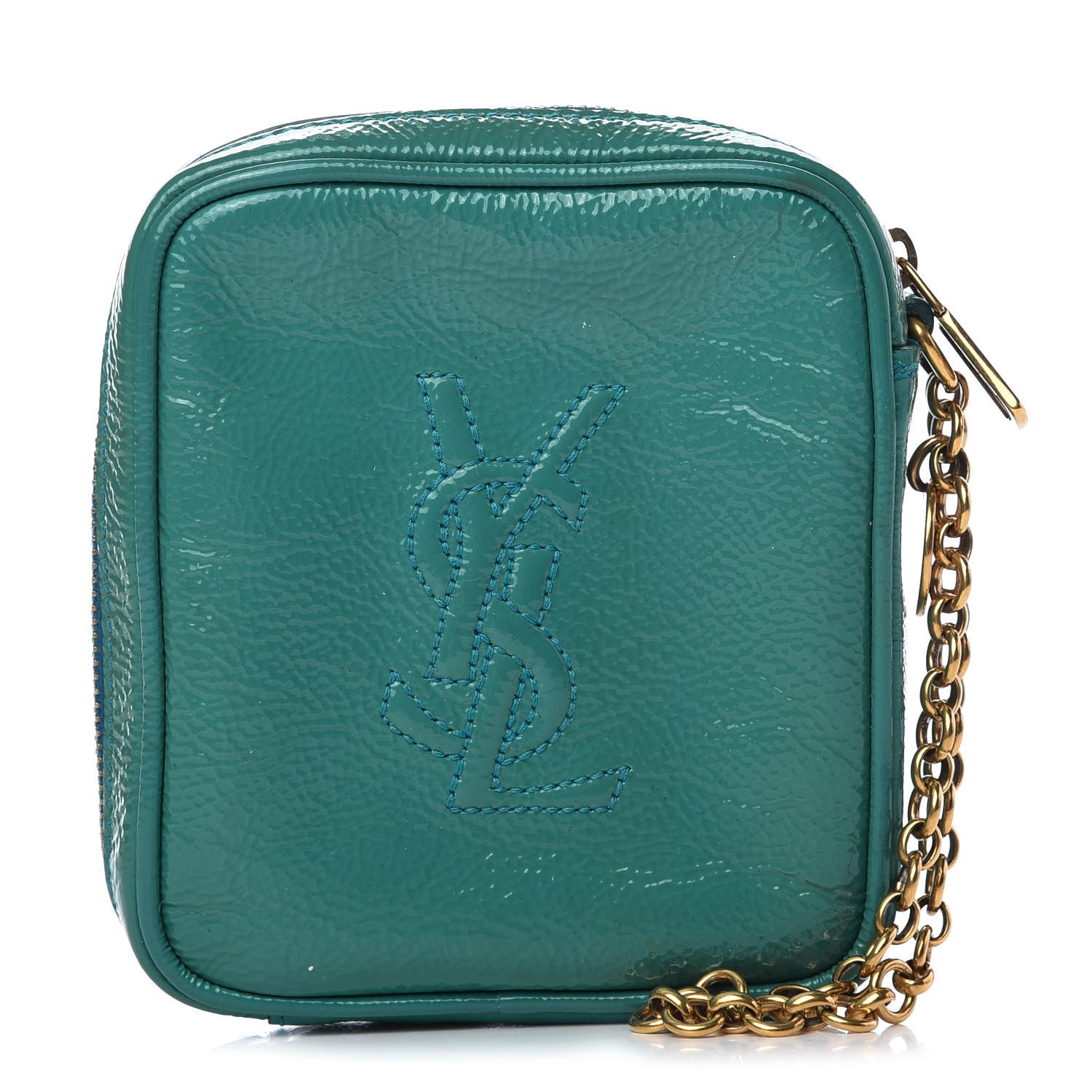 Saint Laurent Textured Patent Monogram Mini Wristlet Turquoise 1 of 9
