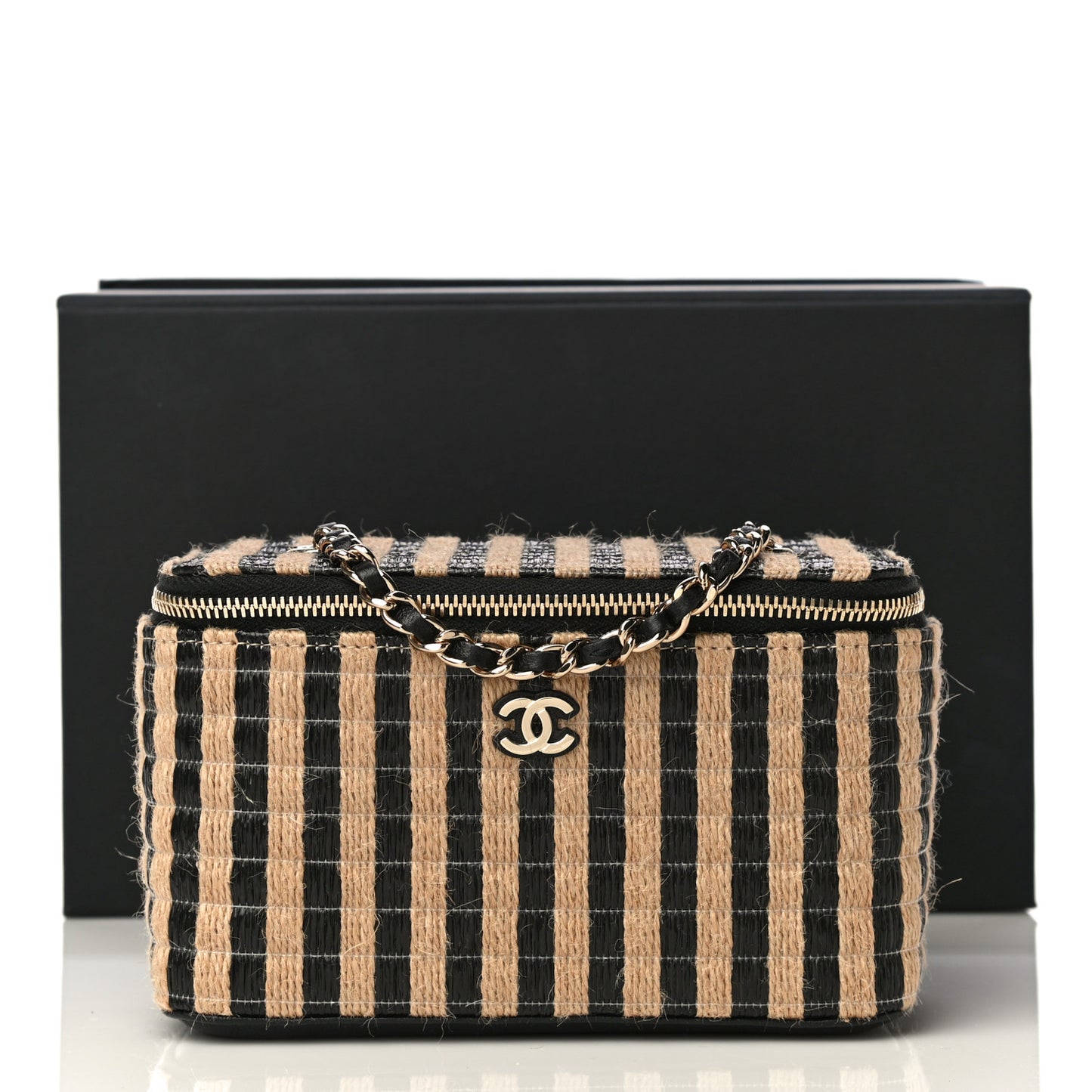 Raffia Jute Striped Small Vanity Case With Chain Black Beige