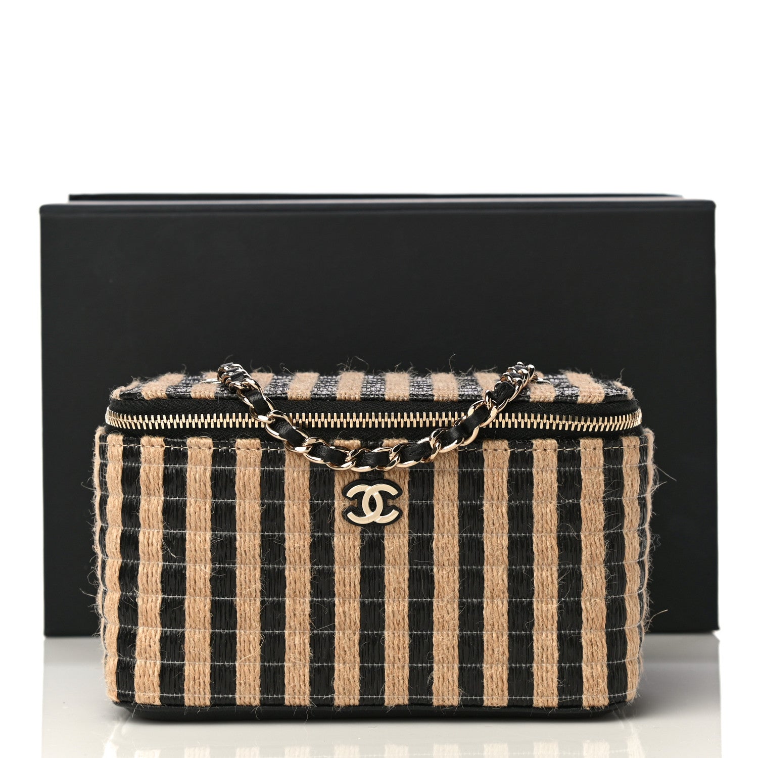 Chanel Raffia Jute Striped Small Vanity Case With Chain Black Beige 13 of 14