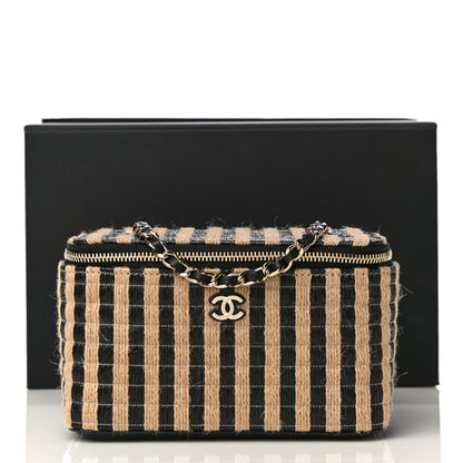 Chanel Raffia Jute Striped Small Vanity Case With Chain Black Beige 13 of 14
