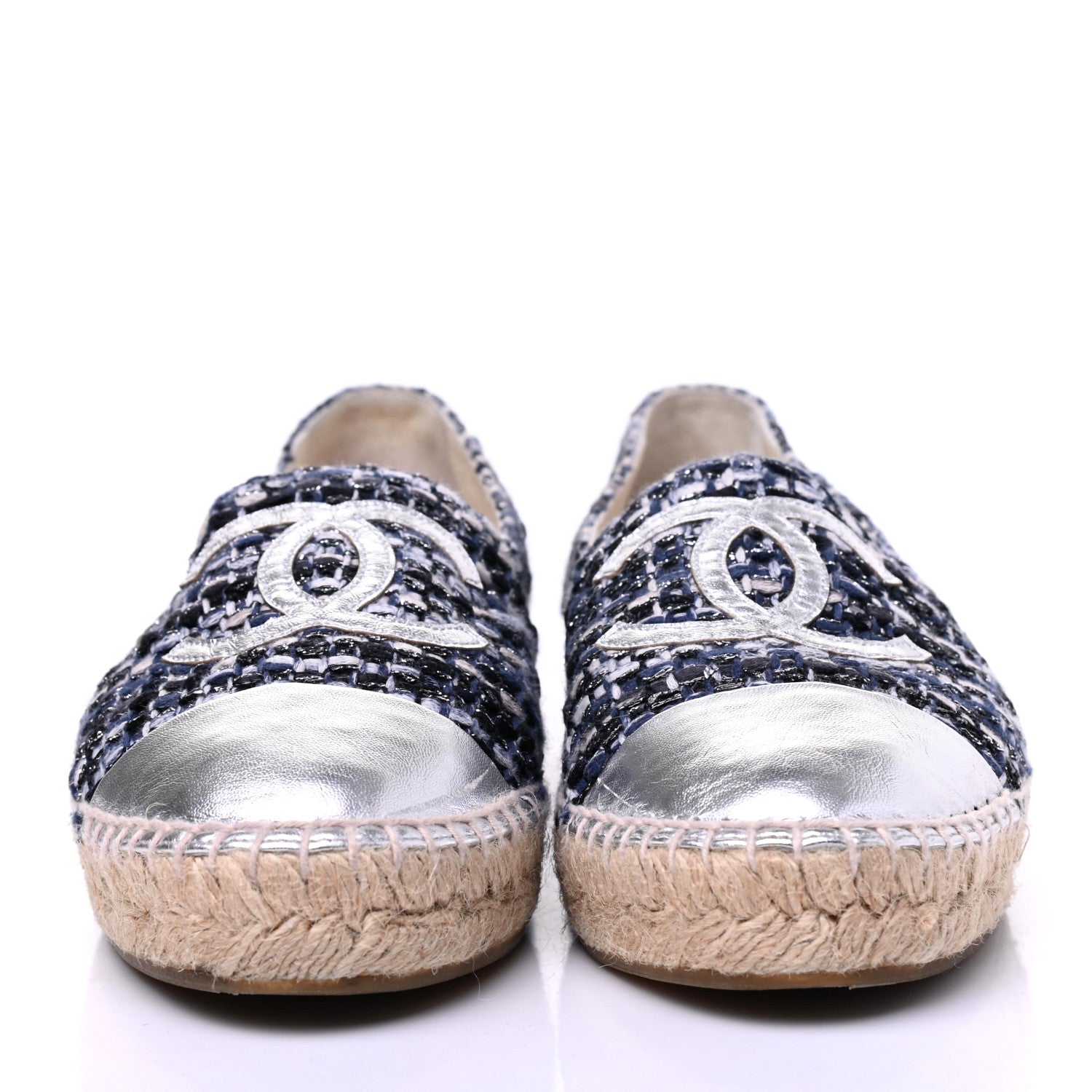 Chanel Metallic Tweed Lambskin CC Espadrilles 39 Blue Black Silver 2 of 12