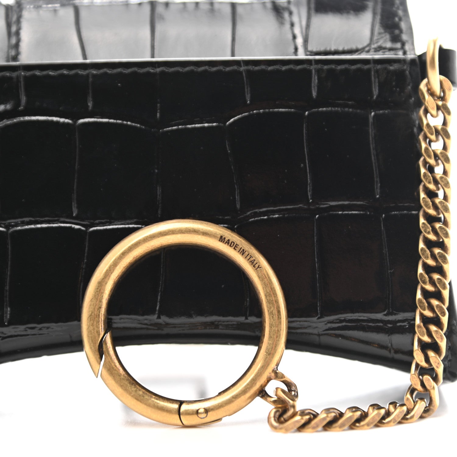 Balenciaga Shiny Calfskin Crocodile Embossed Hourglass Chain Cardholder Black 6 of 8