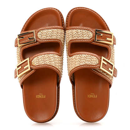 Fendi Raffia Vitello Womens Fendi Feel Buckled Slide Sandals 39 Paglia Brandy 2 of 9