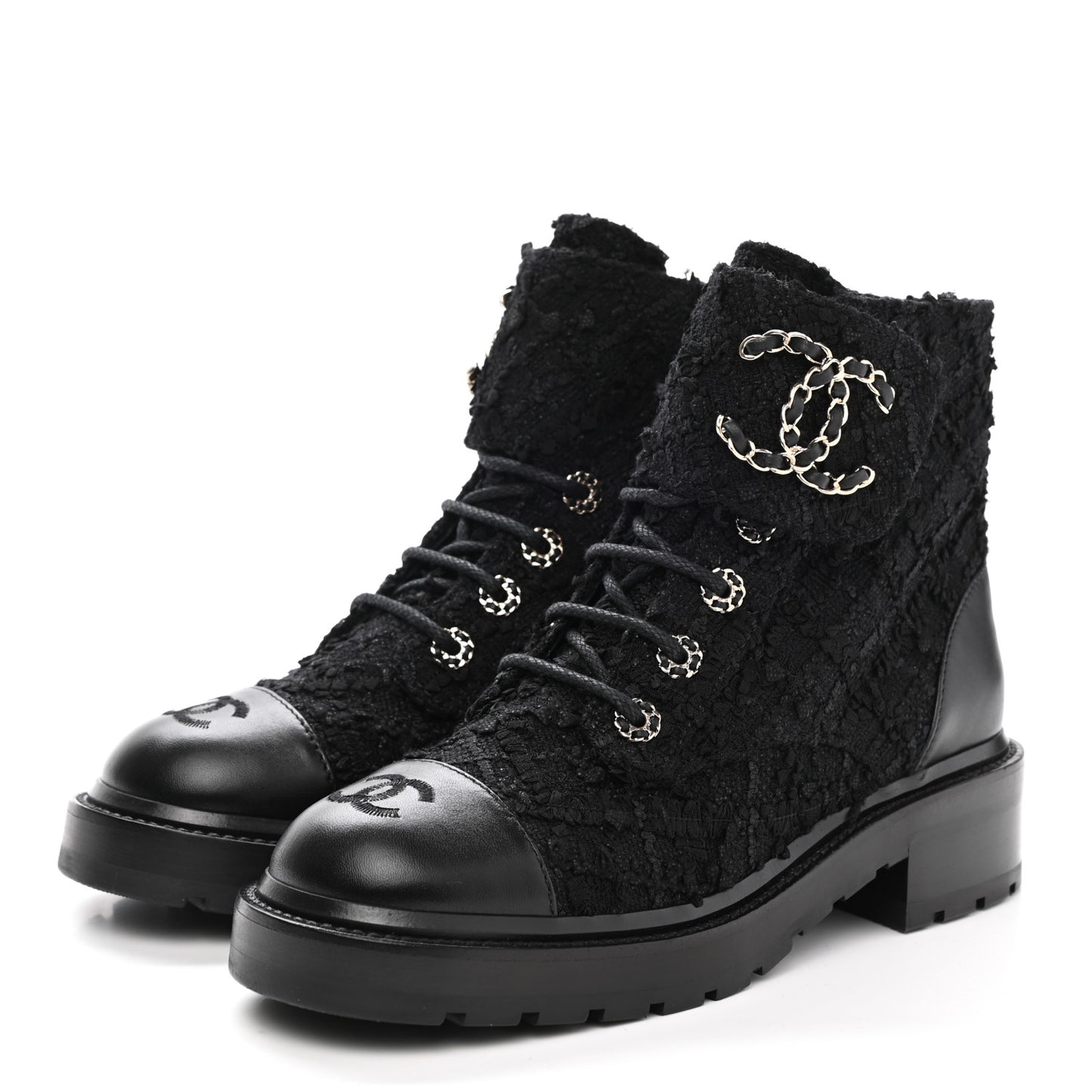 Tweed Lambskin Quilted Lace Up Combat Boots 37.5 Black