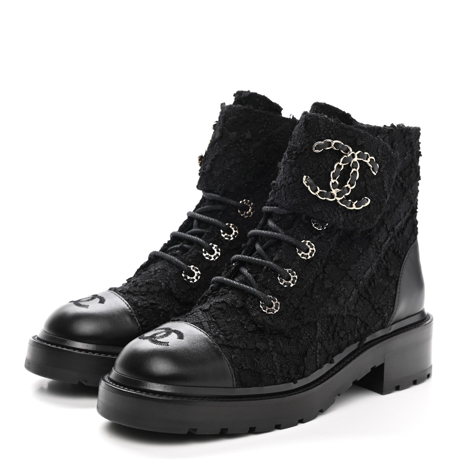 Chanel Tweed Lambskin Quilted Lace Up Combat Boots 37.5 Black 3 of 9