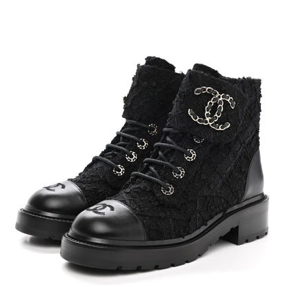 Chanel Tweed Lambskin Quilted Lace Up Combat Boots 37.5 Black 3 of 9
