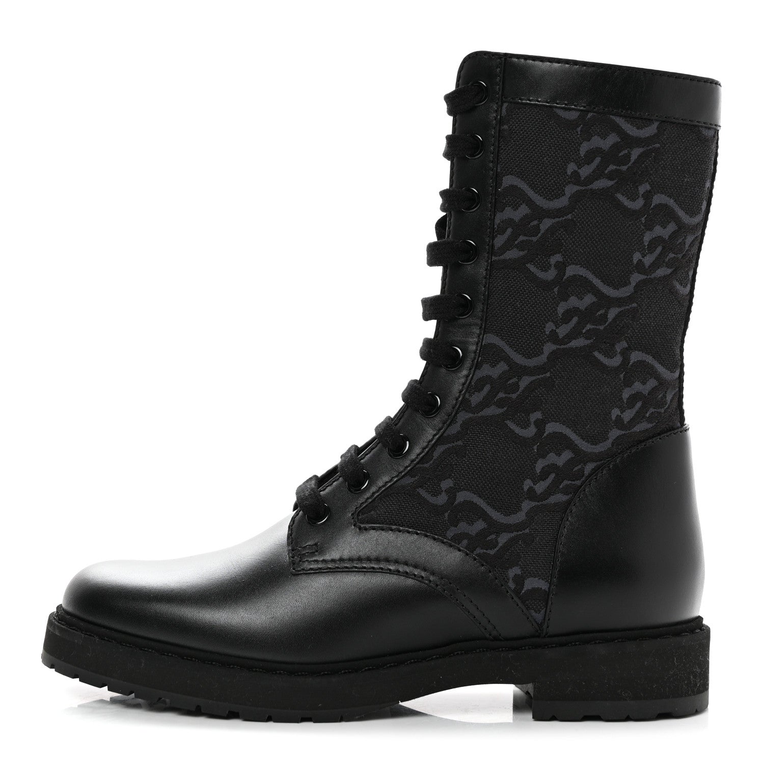 Fendi Vitello Fabric Jacquard Karligraphy Embroidered Womens Combat Boots 37 Black 1 of 9