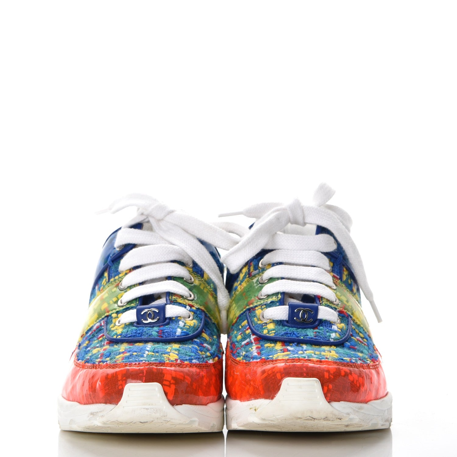 Chanel Tweed Calfskin Sneakers 36.5 Red Yellow Blue 2 of 13