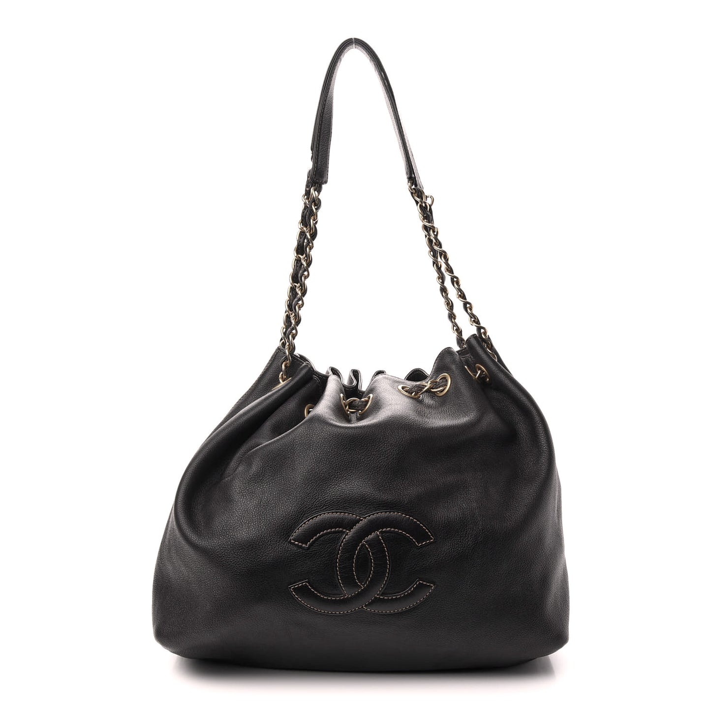 Grained Calfskin CC Drawstring Bucket Bag Black
