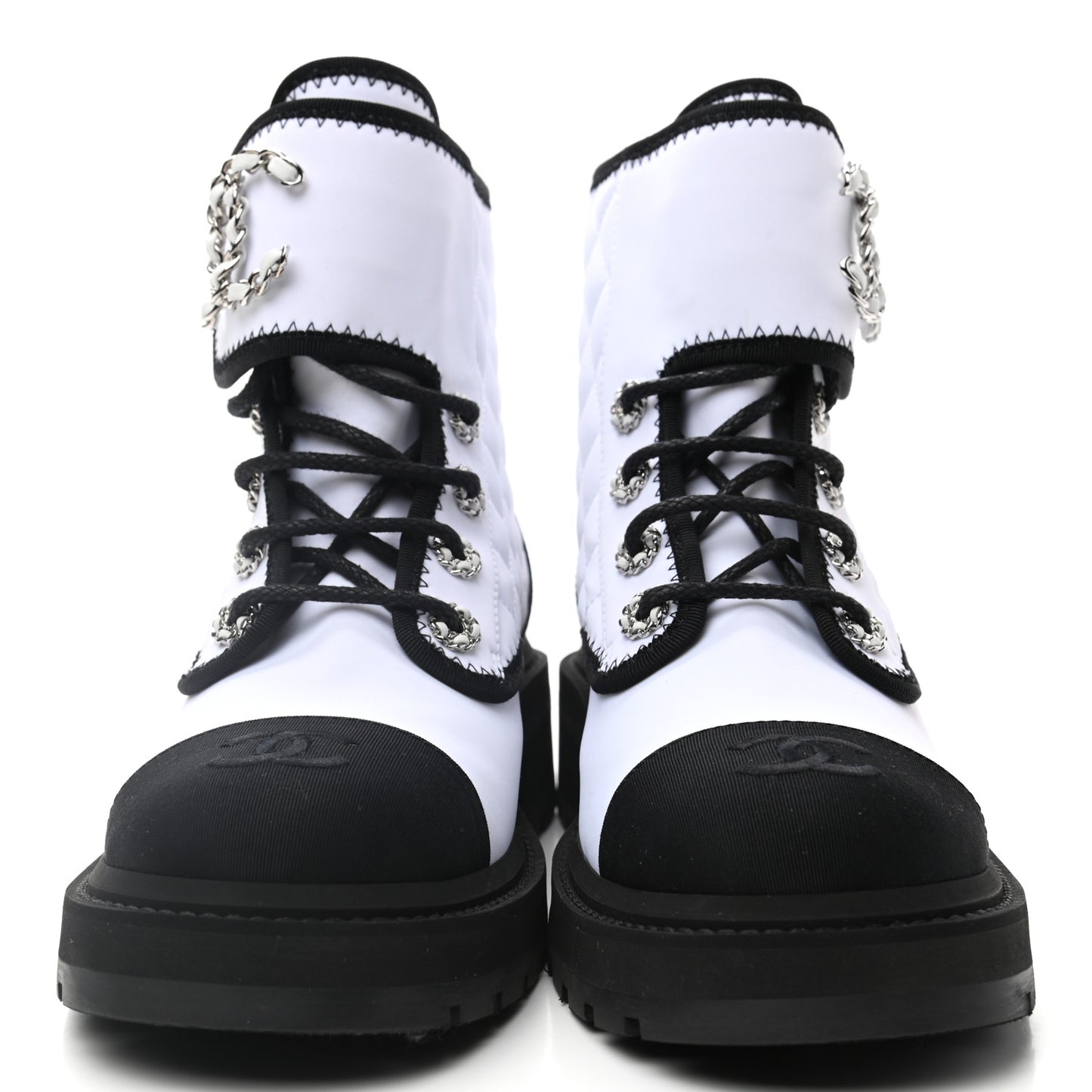 Fabric Grosgrain Quilted Cap Toe Lace Up Combat Boots 38 White Black