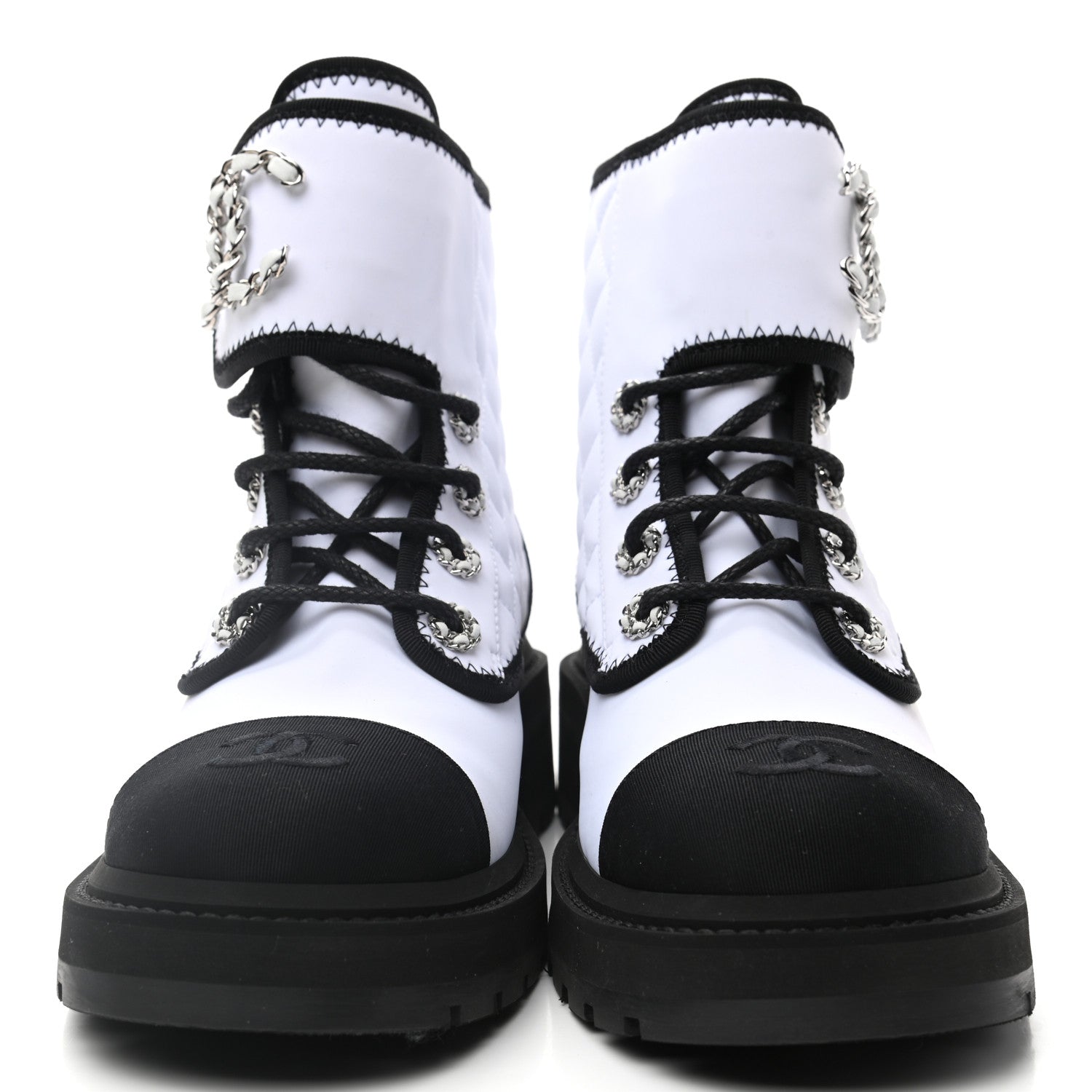 Chanel Fabric Grosgrain Quilted Cap Toe Lace Up Combat Boots 38 White Black 2 of 9