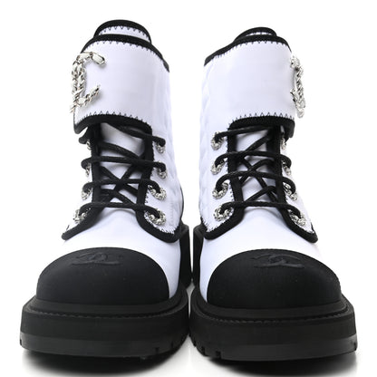 Chanel Fabric Grosgrain Quilted Cap Toe Lace Up Combat Boots 38 White Black 2 of 9