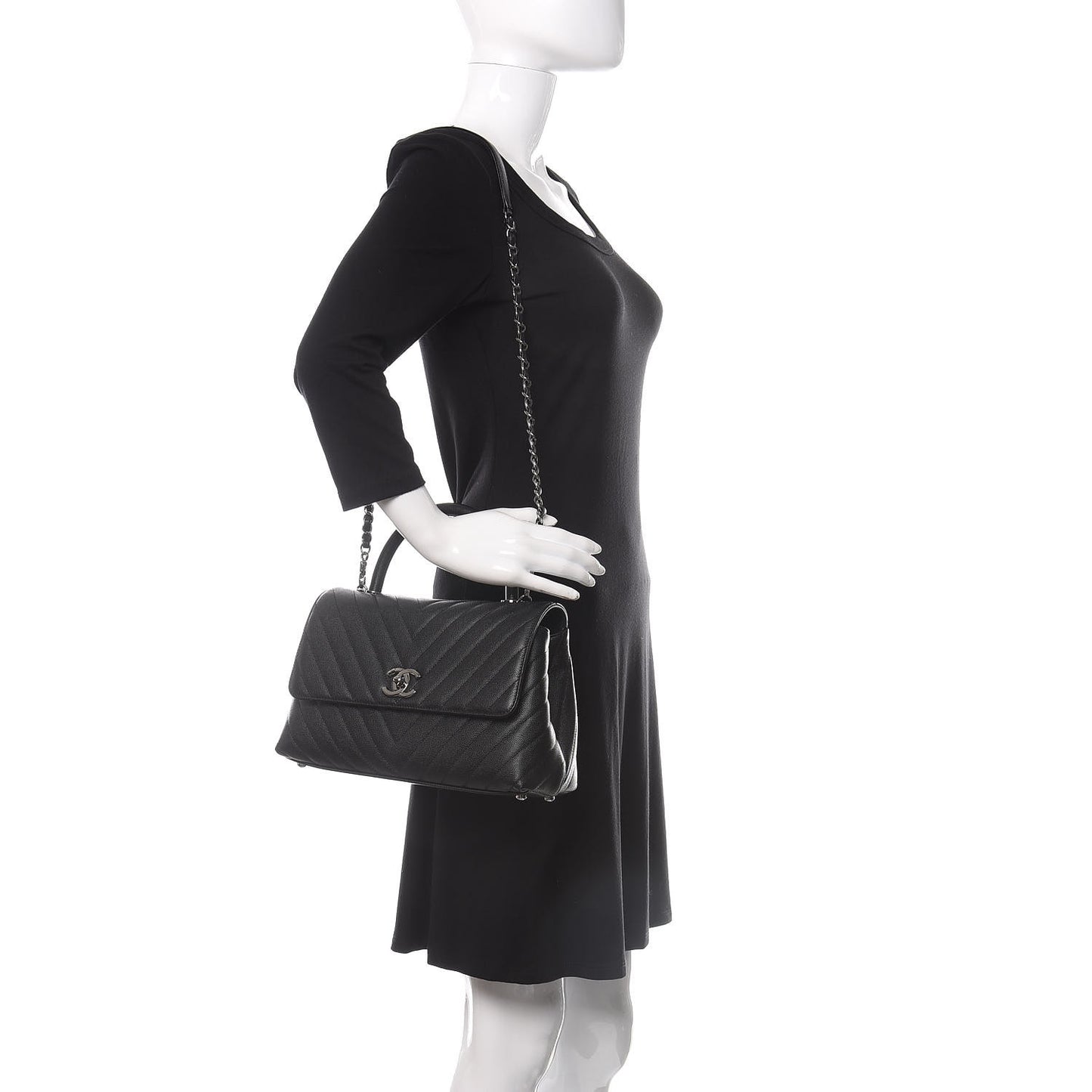 Caviar Chevron Quilted Small Coco Handle Flap Black