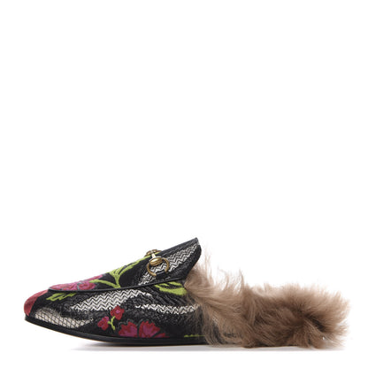Gucci Brocade Fur Floral Womens Princetown Slippers 37 Black Anthracite 1 of 9