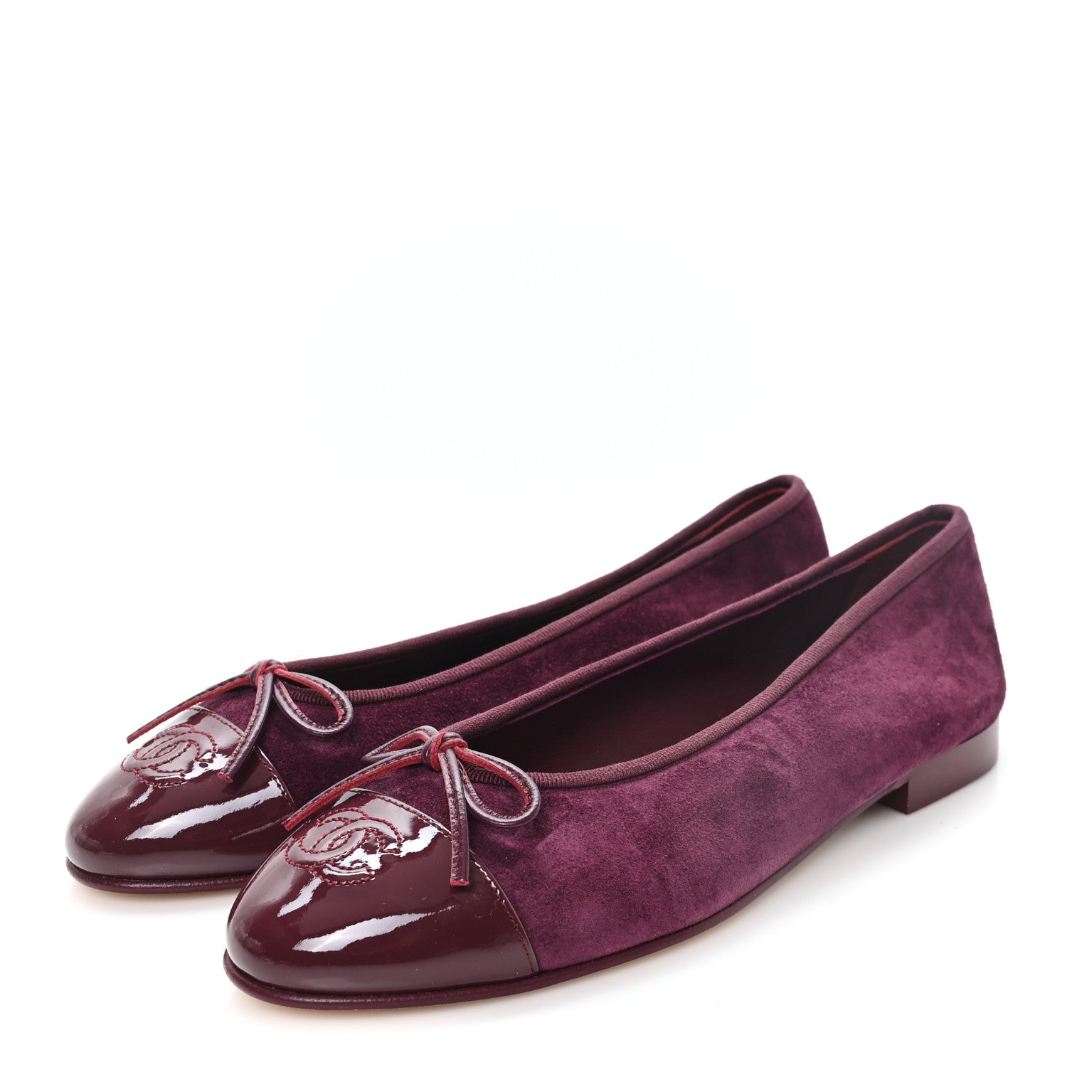 Chanel Suede Patent Cap Toe CC Ballerina Flats 38 Burgundy 4 of 9