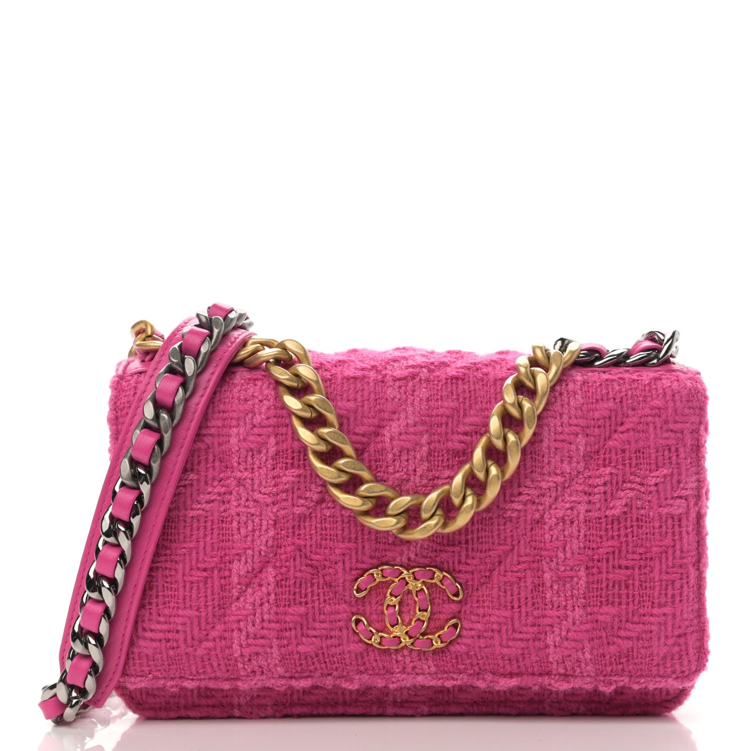Chanel Wool Tweed Lambskin Quilted Chanel 19 Wallet On Chain WOC and Coin Purse Fuchsia 3 of 13