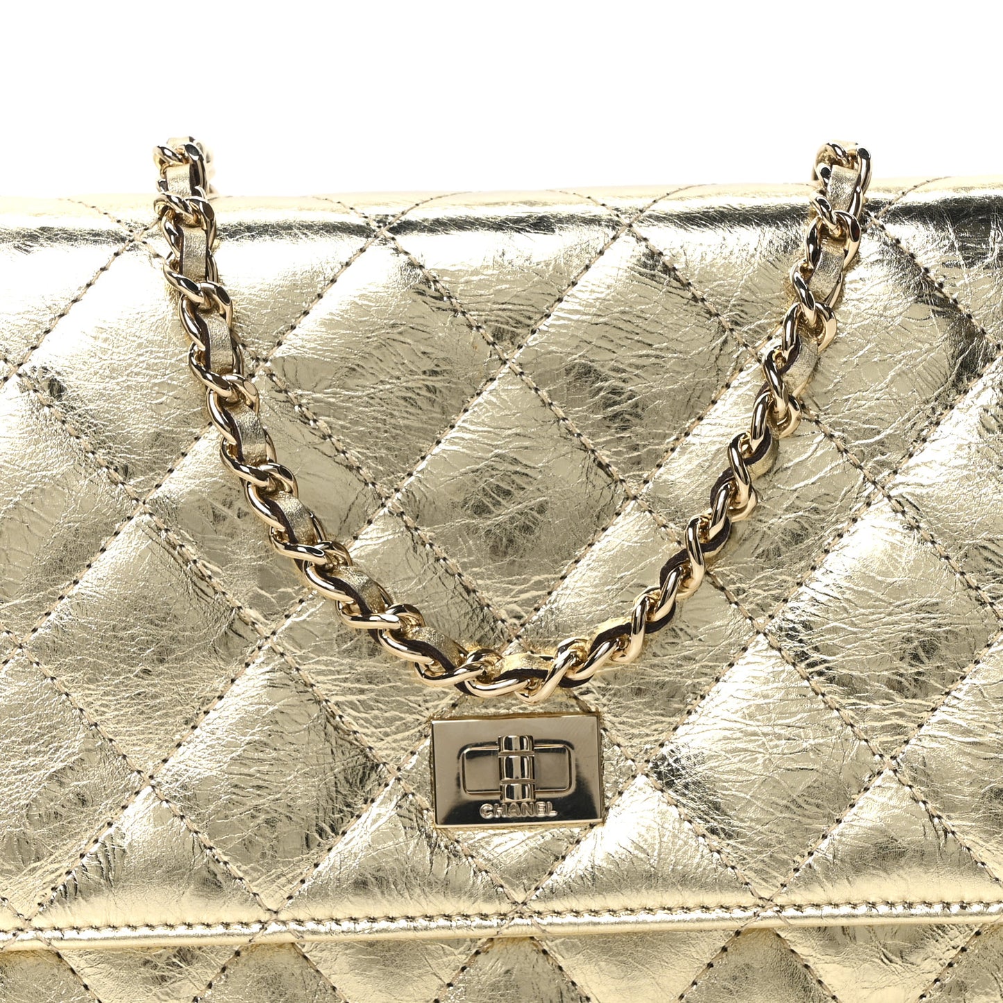 Metallic Aged Calfskin Quilted Reissue Wallet On Chain WOC Gold