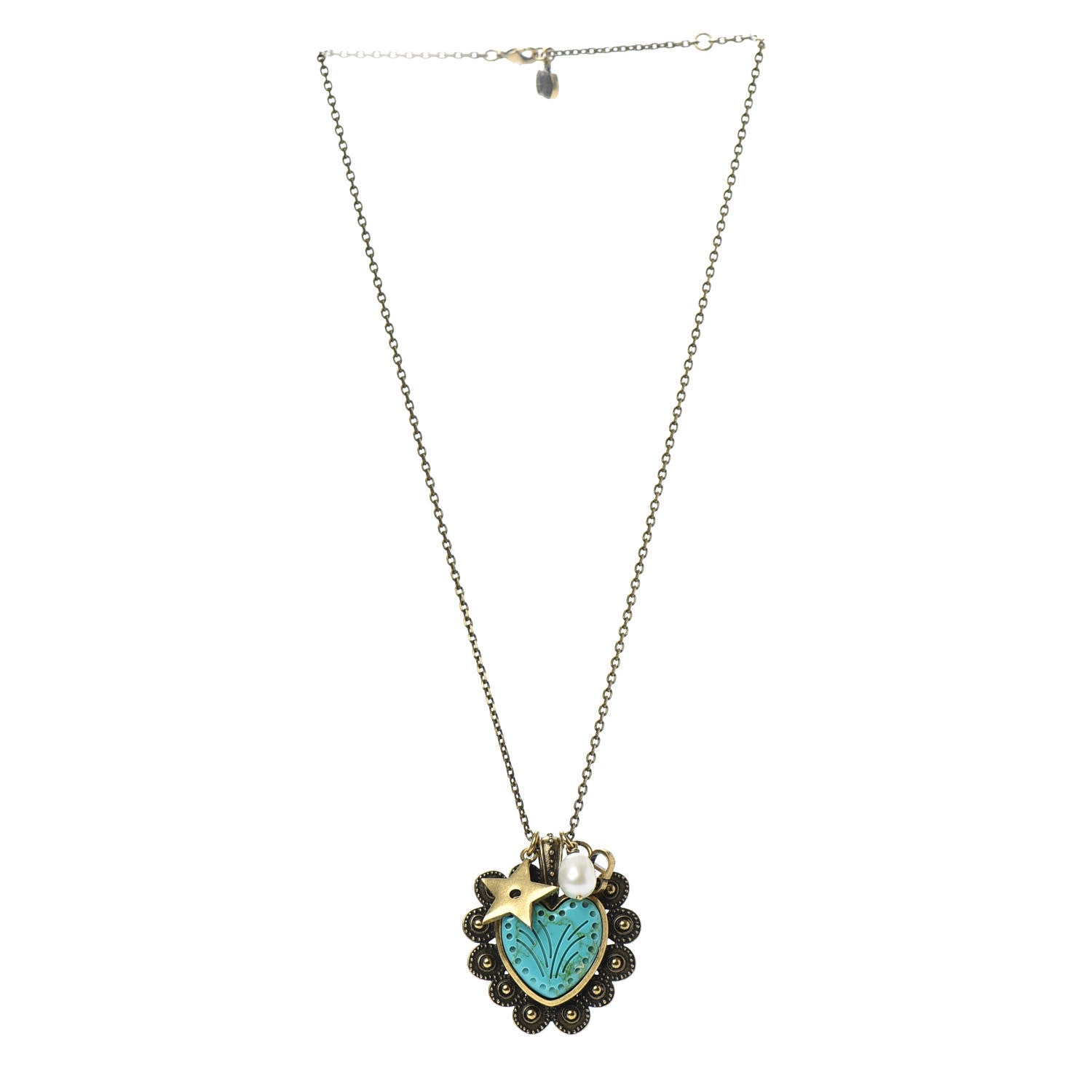 Christian Dior Metal Pearl Heart Necklace Aged Gold 3 of 6