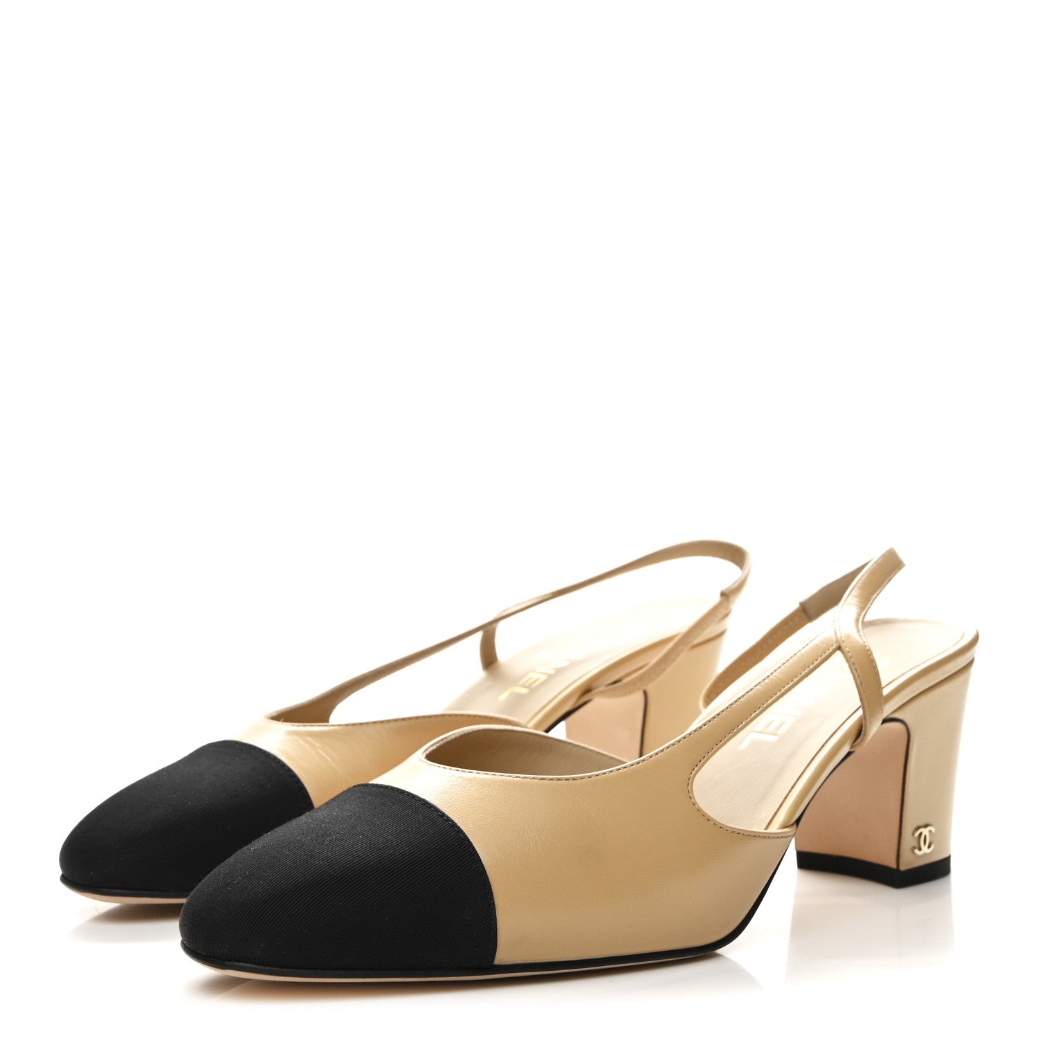 Chanel Goatskin Grosgrain Cap Toe CC Slingback Pumps 40.5 Beige Black 4 of 10