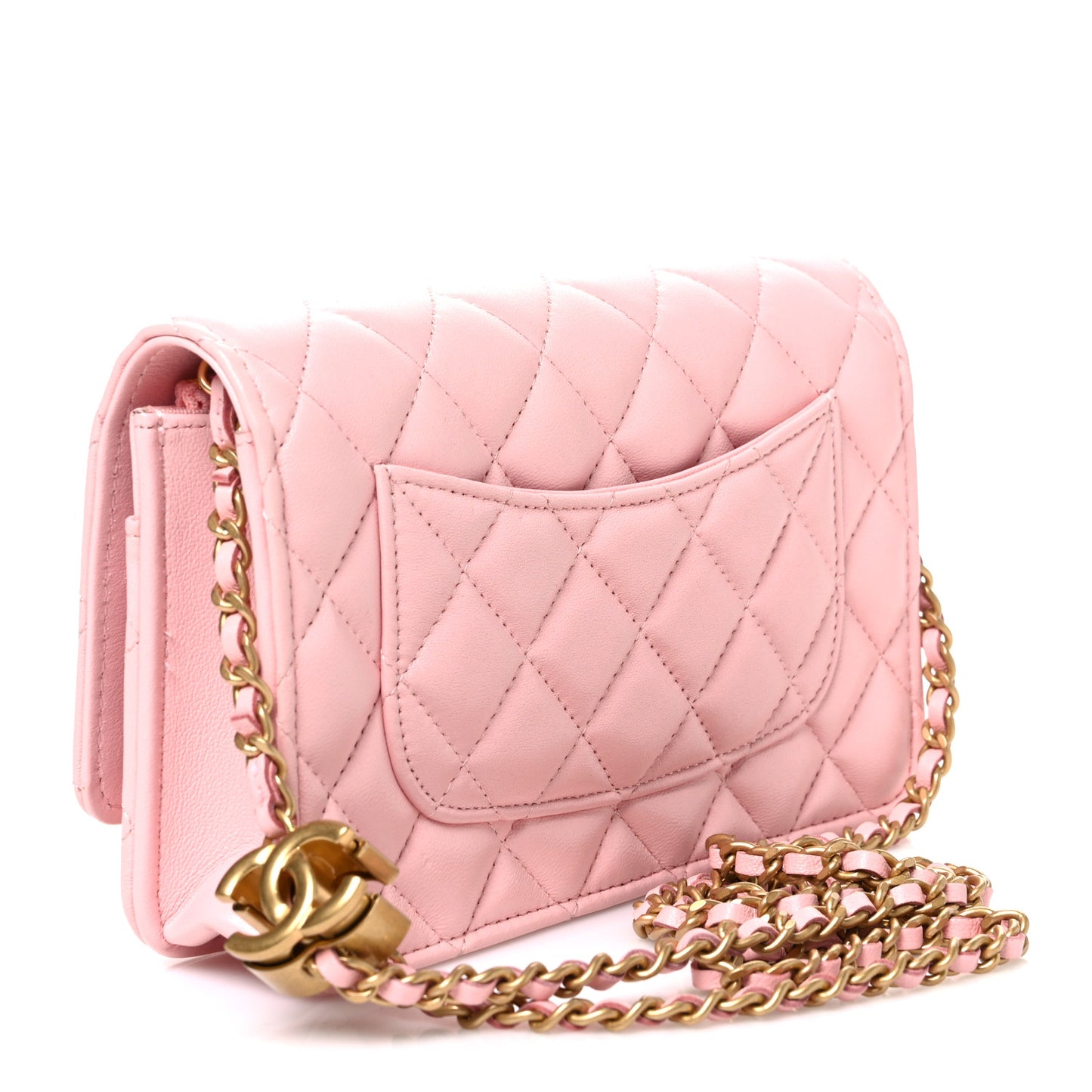 Shiny Lambskin Quilted CC Slide Wallet On Chain WOC  Light Pink