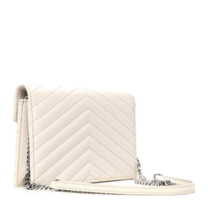 Saint Laurent Grain De Poudre Matelasse Chevron Monogram Envelope Chain Wallet Dove White 2 of 5