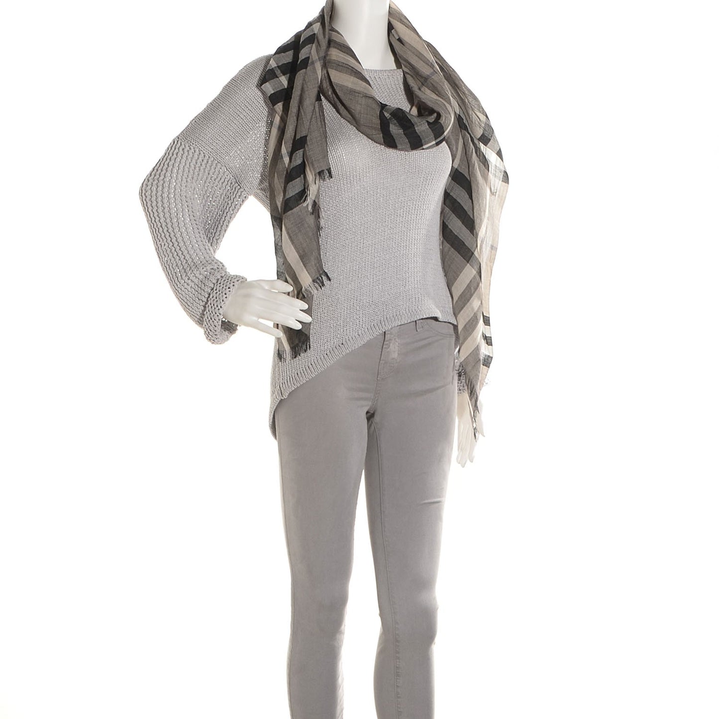 Silk Wool Giant Check Scarf Grey