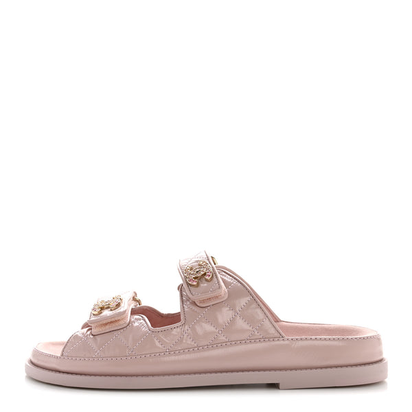 Chanel Shiny Calfskin Crystal Quilted Velcro Dad CC Slide Sandals
