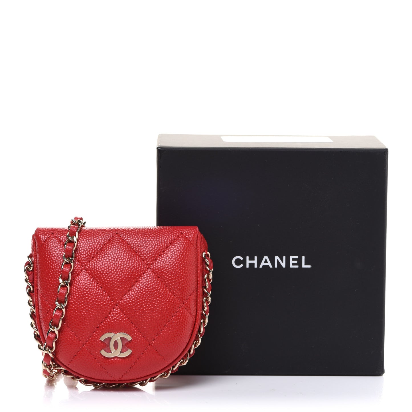Caviar Quilted Tray Coin Purse With Chain Red
