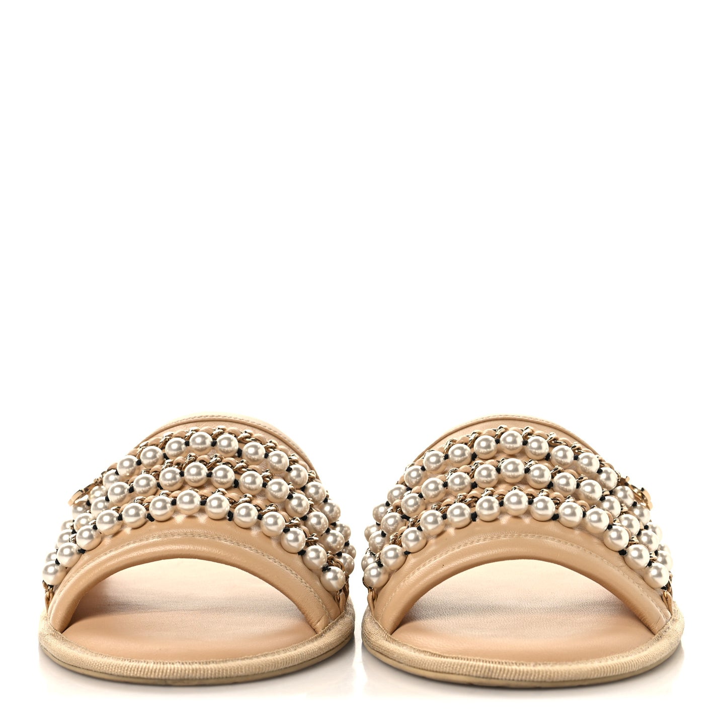Lambskin Pearl Chain Flat Slipper Sandals M  Beige
