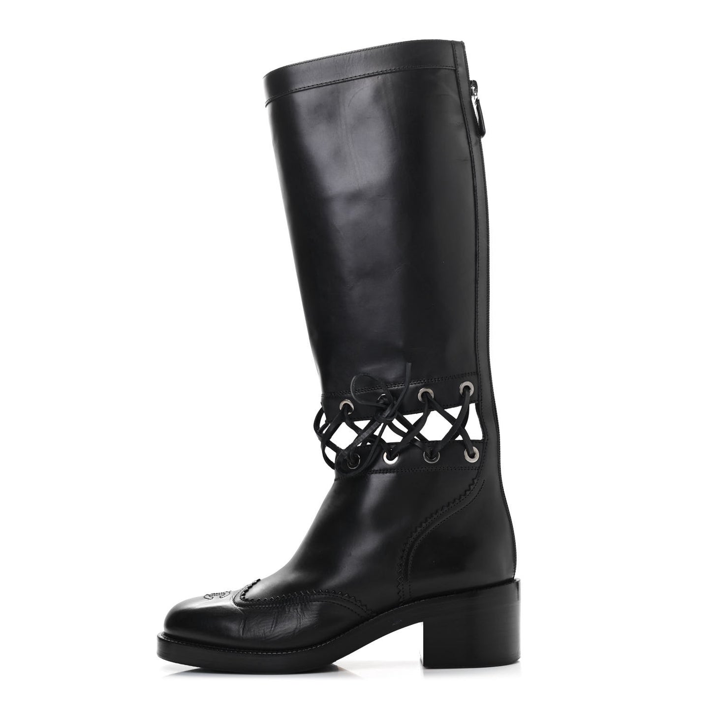 Calfskin Lace Up Knee High Boots 40 Black
