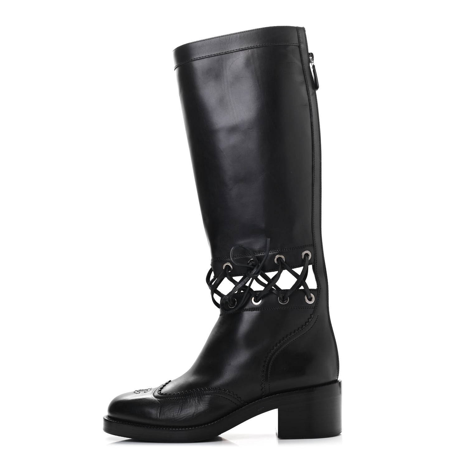 Chanel Calfskin Lace Up Knee High Boots 40 Black 1 of 11