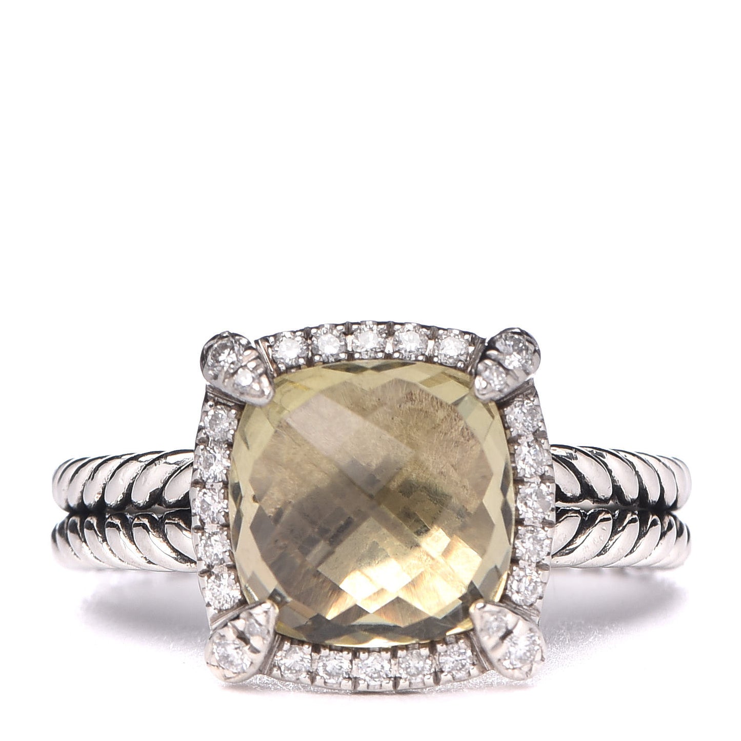 Sterling Silver Diamond Lemon Citrine 9mm Chatelaine Pave Bezel Ring 50 5.5