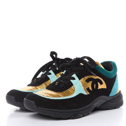 Chanel Fabric Calfskin Suede CC Womens Sneakers 38.5 Black Turquoise Gold 3 of 8