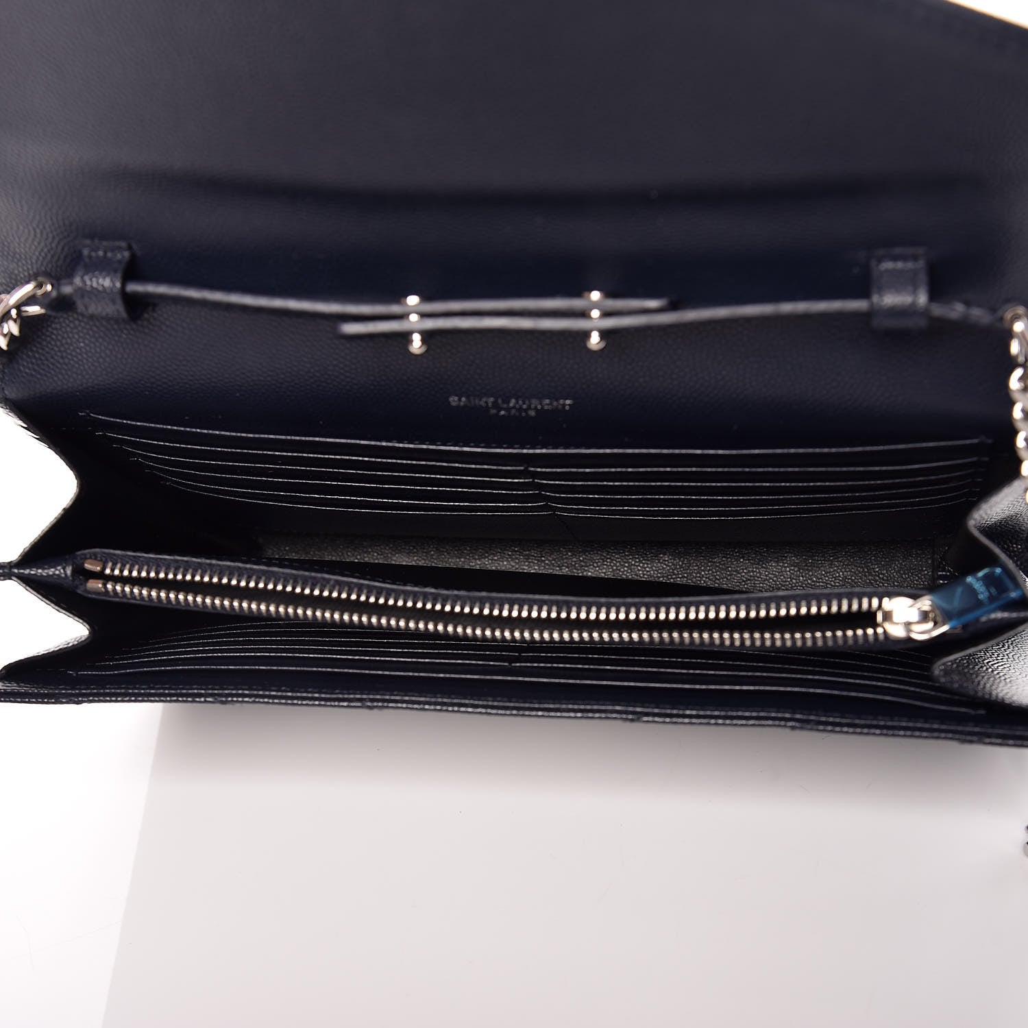 Saint Laurent Grain De Poudre Matelasse Chevron Monogram Chain Wallet Deep Marine 5 of 12