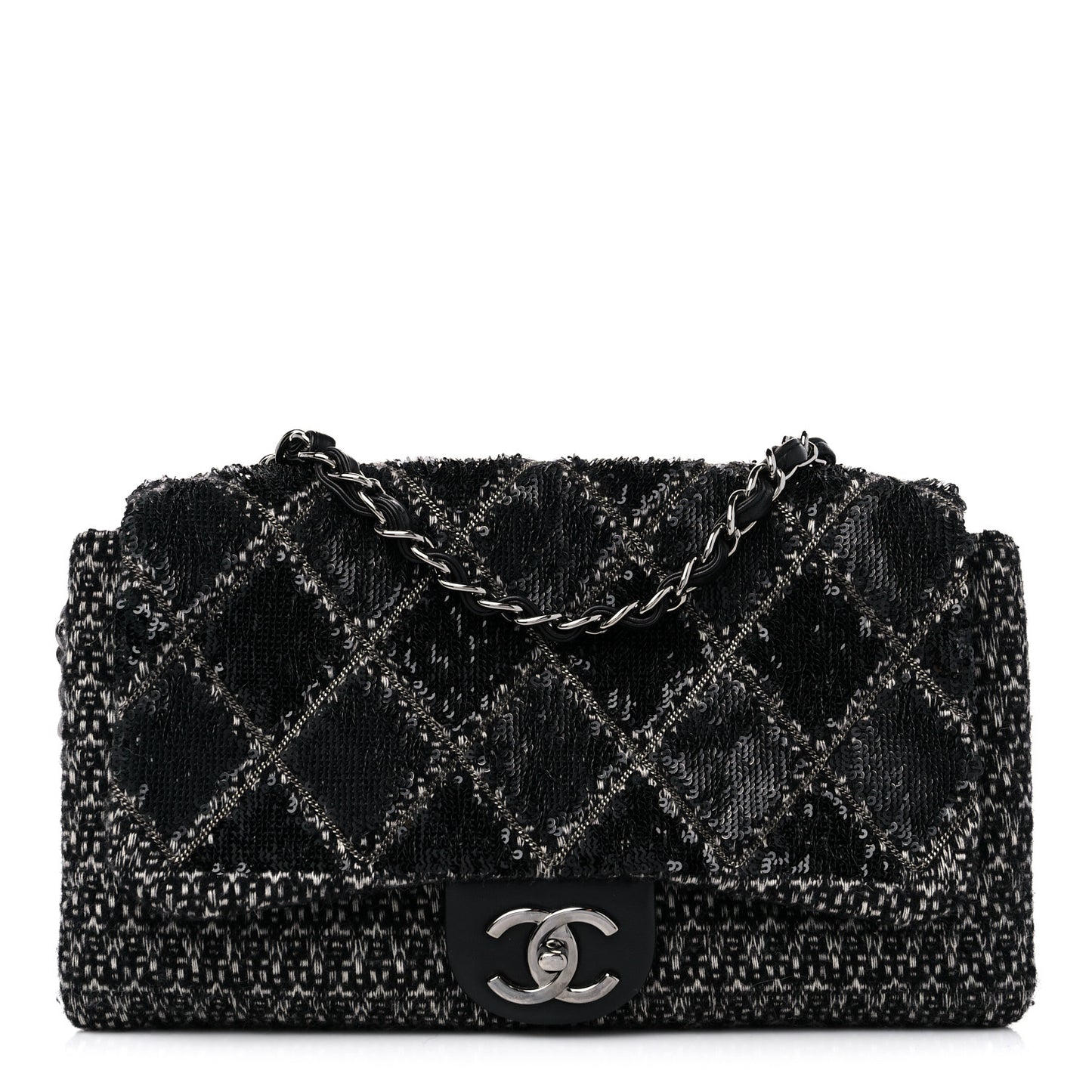 Sequin Tweed Icons Large Accordion 3 Flap Black