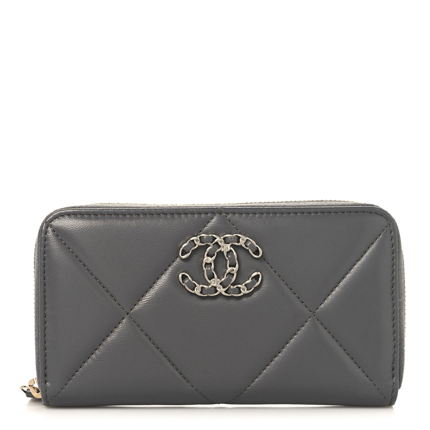Lambskin Quilted Chanel 19 Long Zipped Around Wallet Grey